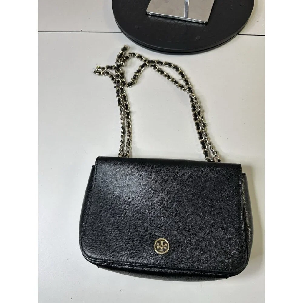 Tory Burch Shoulder Bag Chain Strap Saffiano Black